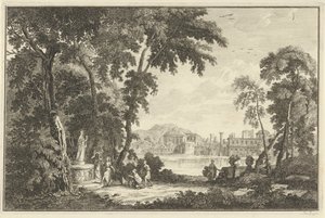 Paysage fluvial arcadien avec des figures adorant une statue - Adolf van der Laan