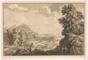 Paysage fluvial arcadien avec bergers et femme avec une corbeille de linge
