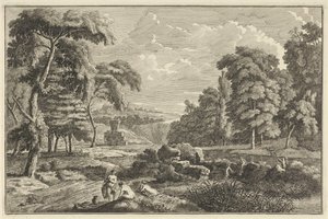 Paysage fluvial arcadien avec cinq femmes se baignant et un cerf - Adolf van der Laan