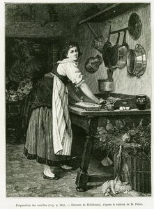 Préparation des nouilles. Gravure par Hildibrand, pour illustrer l