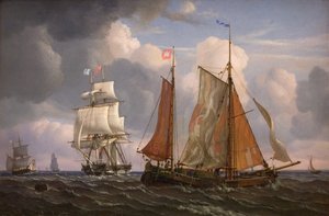 Navires naviguant et luttant contre le vent dans le détroit - Adolph Friedrich Vollmer
