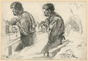 Un tourneur sur son établi, deux études et des détails - Adolph Menzel