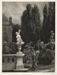 Essai sur pierre avec brosse et grattoir : Jouer aux cerceaux sur la terrasse du château, 1851 - Adolph Menzel