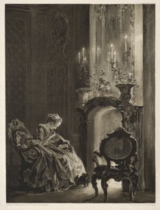 Essai sur pierre avec pinceau et grattoir : Femme lisant au coin du feu, 1851
