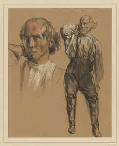 Homme en chemise, pantalon et hautes bottes, debout de face, portant la main droite à la nuque, regardant vers la gauche, à gauche : étude de tête plus grande - Adolph Menzel