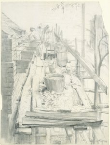 Maçons au travail sur un échafaudage - Adolph Menzel
