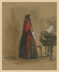 Femme chantant, debout devant un piano à queue, de profil vers la droite - Adolph Menzel