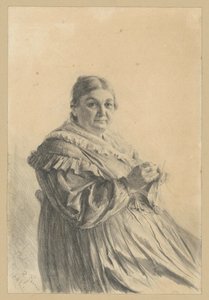 Femme âgée assise portant des bas tricotés - Adolph Menzel