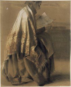 Femme assise, en train de lire, enveloppée dans un grand châle - Adolph Menzel
