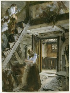 Escalier dans une ferme orné de figures décoratives - Adolph Menzel