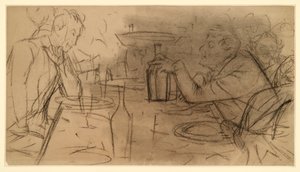 Deux hommes assis face à face à une table de bistrot, en pleine conversation - Adolph Menzel