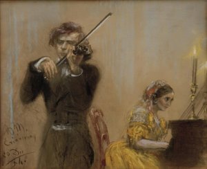 Clara Schumann et Joseph Joachim jouant de la musique