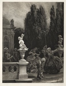 Essai sur pierre avec pinceau et grattoir : Jouer aux cerceaux sur la terrasse du château - Adolph Menzel