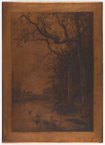 Plaque de cuivre gravée "Paysage avec des canards" par Adolphe Appian