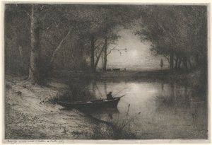 Pêcheur en canot, au bord d