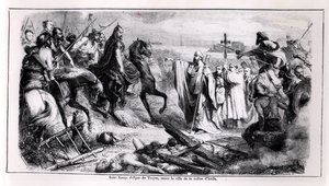 Saint Loup défendant la ville de Troyes contre Attila le Hun (c.406-453) sur son cheval, illustration d