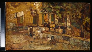 Cour de ferme avec un âne et des coqs