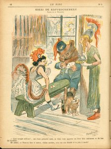 Rire, Satirique en Couleurs : Cravate de rapprochement - Jeu de cartes - Marianne, Ours, Albion Britannia - Illustration par Adolphe (Willette) (1857-1926)