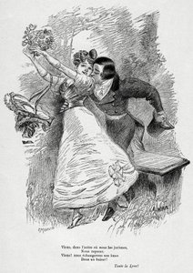 Deux amoureux : " Venez échanger nos âmes / Dans un baiser ! "Illustration de Wilette pour le poème de Victor Hugo "L