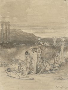 Paysage classique avec figures nues allongées, debout et assises et une ruine de temple - Adolphe René Lefèvre