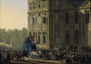 Transport de la statue de Henri IV (1553-1610) devant le pavillon de Flore du Louvre, 1818