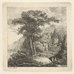 Paysage montagneux avec arbres, château et deux figures