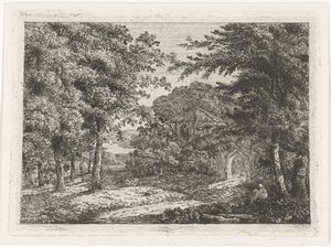 Paysage avec chapelle entre les arbres et moine lisant - Adriaan Jacob Willem van Dielen