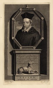 John Lesley, historien écossais et évêque de Ross. Évêque de Rosse. Chien avec clé. Gravure sur cuivre par Pieter Stevens van Gunst d