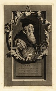 Portrait de Stephen Gardiner, évêque de Winchester et politicien. Avec armoiries. Gravure sur cuivre par Pieter Stevens van Gunst d