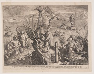Amerigo Vespucci sur son navire, extrait de Americae Retectio (La découverte de l