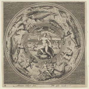 Conception pour une assiette avec Galatée sur une coquille flanquée de trompettistes dans une bordure de médaillon - Adriaen Collaert