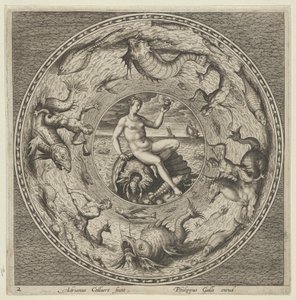 Design pour une assiette avec Thétis sur une coquille dans un médaillon bordé de monstres marins, vers 1600 - Adriaen Collaert