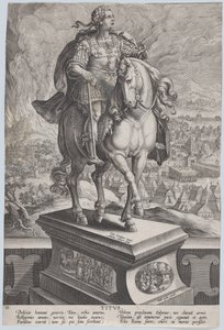 Planche 11 : statue équestre de Titus, vue aux trois quarts à droite, Mont Vésuve, vers 1587-89