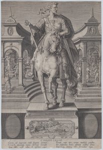 Planche 1 : statue équestre de Jules César, vue de face, avec une scène de..., vers 1587-89
