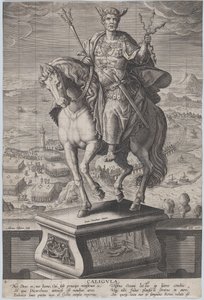 Planche 4 : statue équestre de Caligula, vue aux trois quarts à gauche, portant un..., vers 1587-89 - Adriaen Collaert