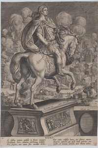 Statue équestre de Néron vue de dos, le Grand Incendie de Rome - Adriaen Collaert
