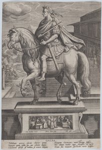 Statue équestre de Galba, de profil à gauche, avec une scène de décapitation, vers 1587-89 - Adriaen Collaert