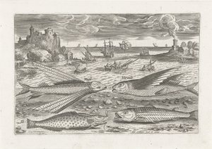 Quatre poissons sur la plage - Adriaen Collaert