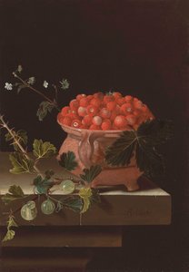Nature morte avec pot de fraises et branche de groseilles à maquereau