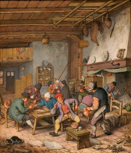 Salle dans une auberge avec des paysans buvant, fumant et jouant au backgammon