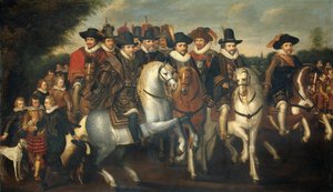 Le prince Maurice accompagné de ses deux frères, Frédéric V, électeur palatin, et des comtes de Nassau à cheval
