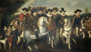 Le prince Maurice accompagné de ses deux frères, Frédéric V, électeur palatin, et des comtes de Nassau à cheval, vers 1625