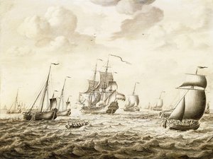 Un navire de guerre hollandais tirant une salve - un Penschilderij