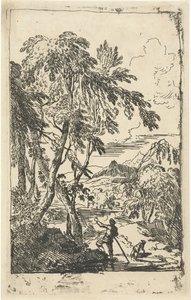 Paysage montagneux avec arbres et homme avec chien - Adriaen van Diest