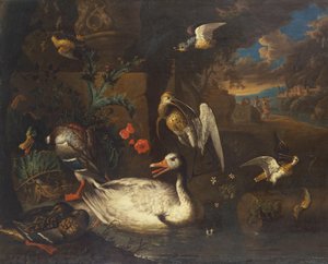 Oiseaux sauvages dans un paysage avec des figures
