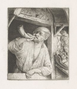 Boulanger soufflant dans une corne à une porte - Adriaen van Ostade