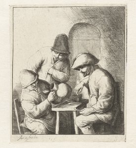 Homme regardant dans une cruche vide, deux hommes regardant (La cruche vide) - Adriaen van Ostade