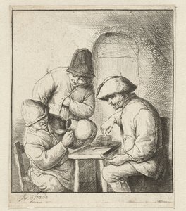 Homme regardant dans une cruche vide, deux hommes regardant - Adriaen van Ostade