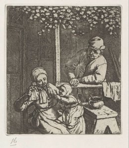 Mère avec enfant sur les genoux tendant la main vers une poupée - Adriaen van Ostade