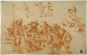 Esquisses de paysans jouant aux dés et patinant; Esquisse de garçon sur une luge - Adriaen van Ostade